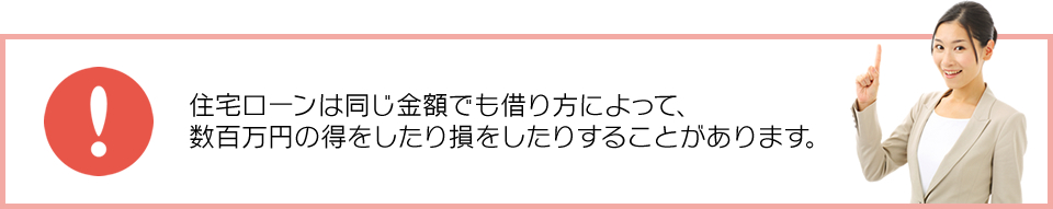 住宅ローンは、同じ金額でも借り方によって数百万円の得をしたり損をしたりすることがあります。